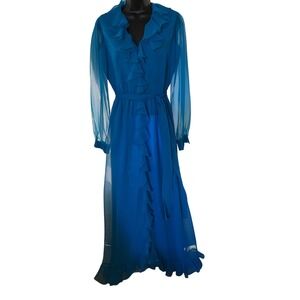 VTG70's Blue Ruffle Maxi Dress  Flowy Romantic Evening Party Gown Puff sleeve 8